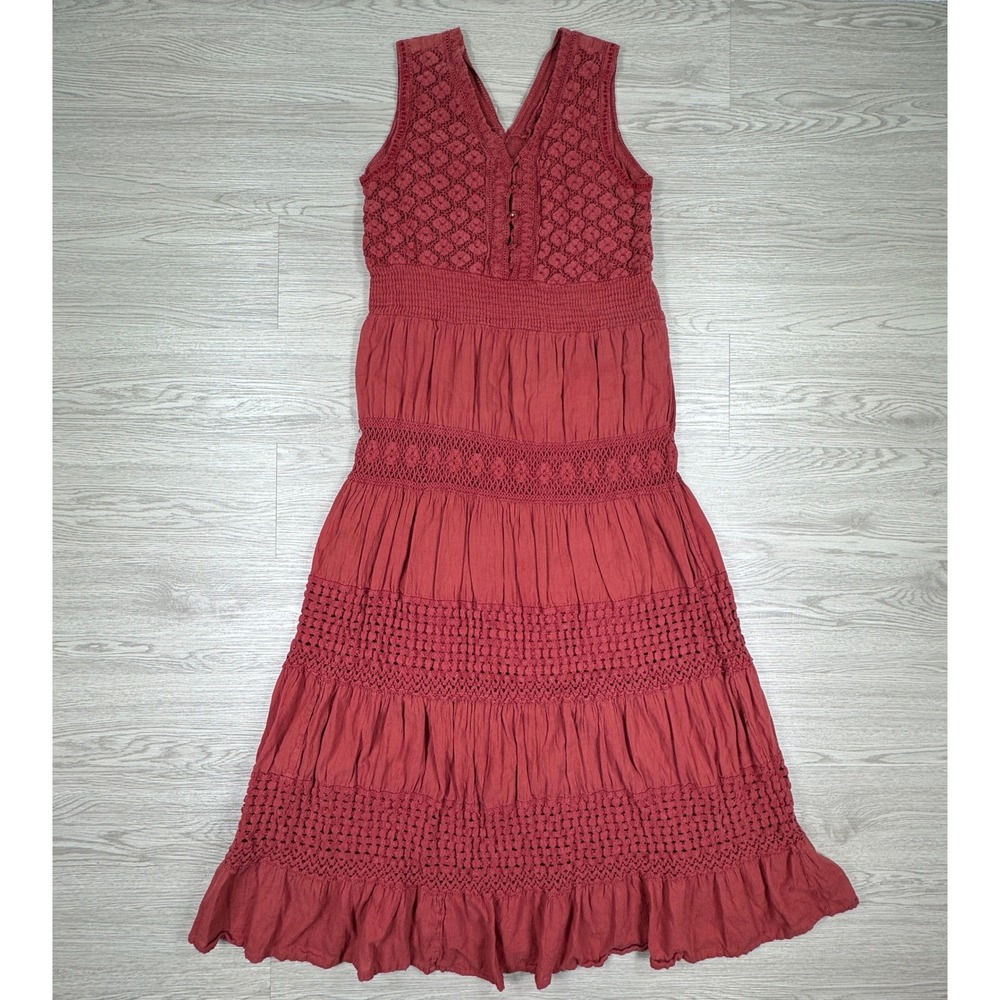 Nation AK Outfits Women Maxi Dress Red Med Crochet‎ Lace Tiered Boho Sleeveless